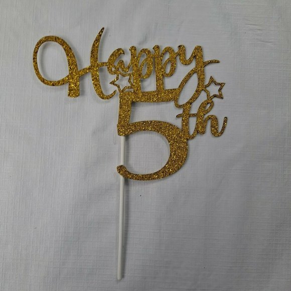 Happy 5th Birthday Cake Topper Gold Sparkle - Picture 1 of 3